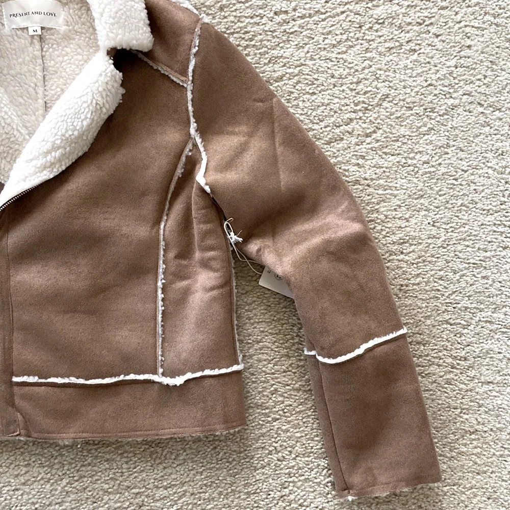 Faux Suede Sherpa Lined Short Moto Style Jacket - Picture 3 of 11